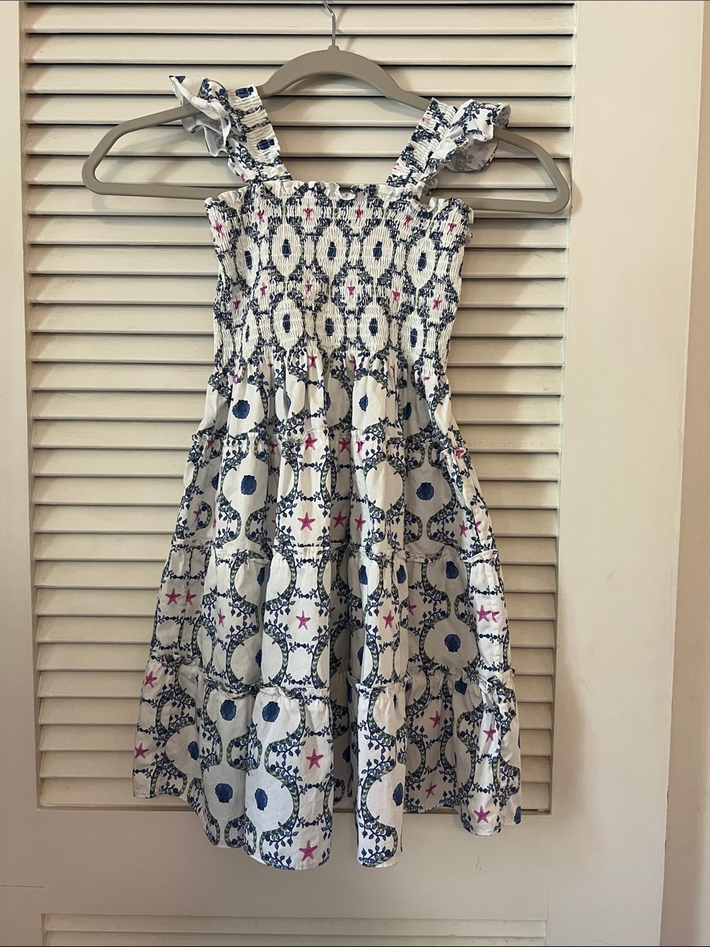 Girls Hill House White Blue sea shell Patterned Sundress with Pink Accents